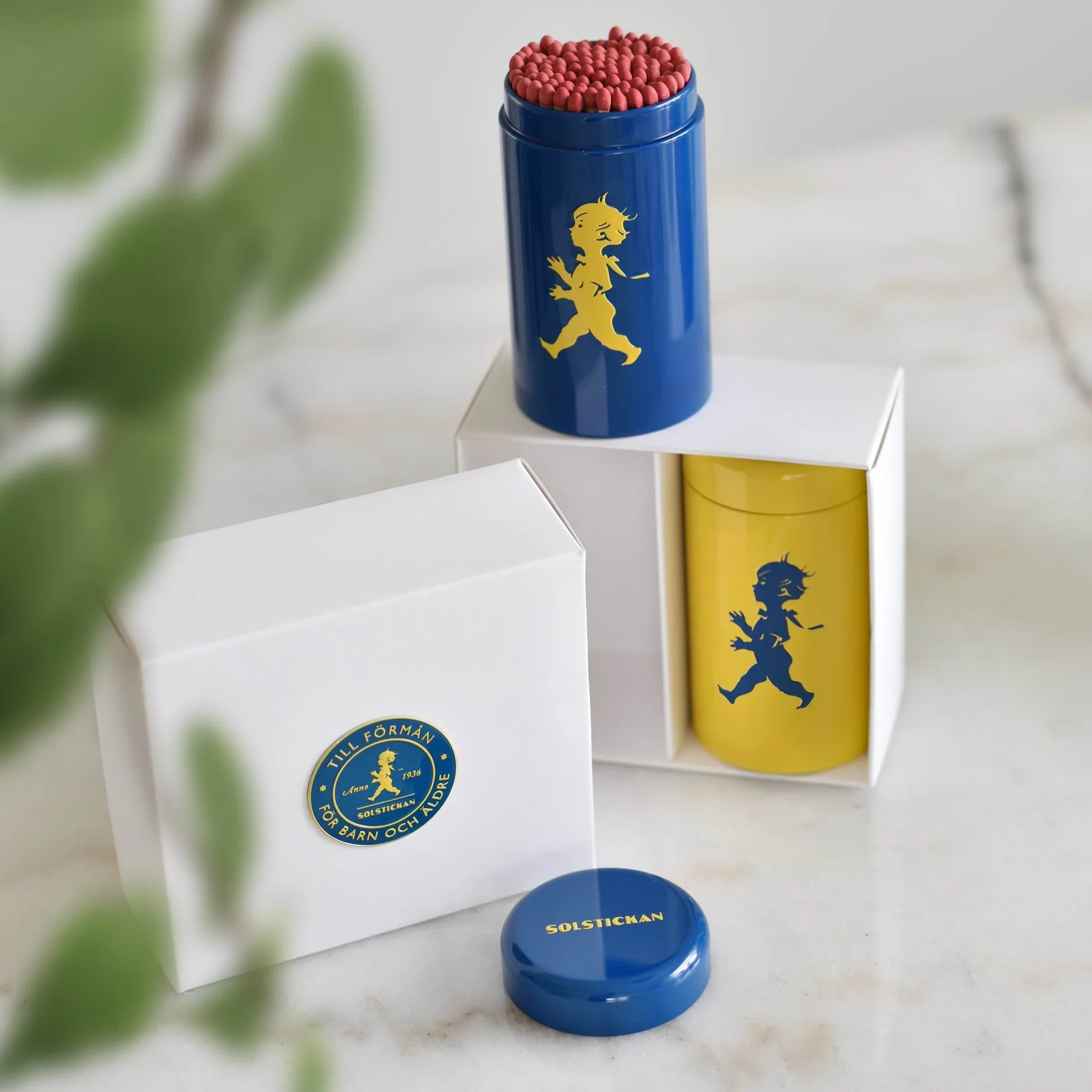 Solstickan fyrstikkrør 2-pack gaveeske, Gul, blå Solstickan Design