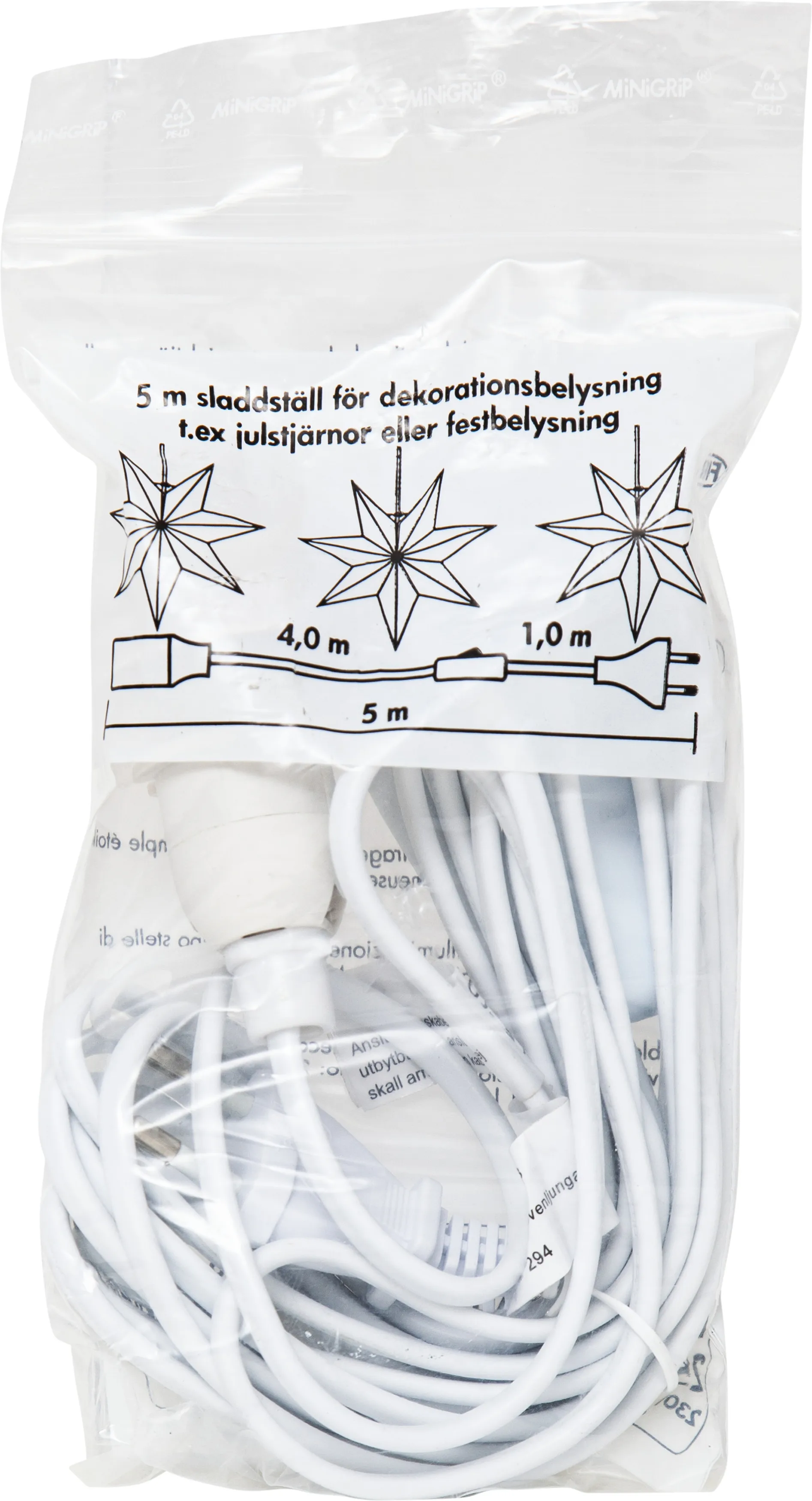 Ledning med bryter E14 5m, Hvit Star Trading