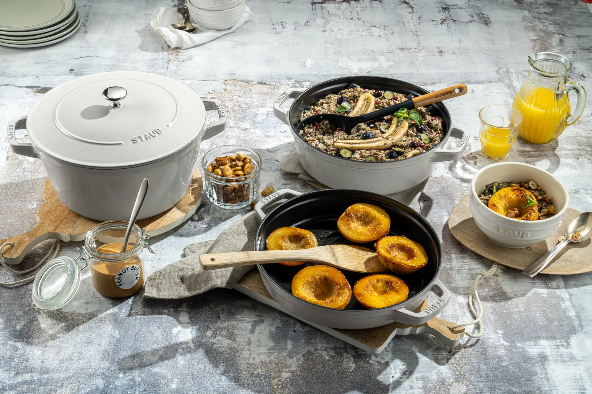 Staub Gryte & kasserollesett stablebare 5 deler, White truffle STAUB