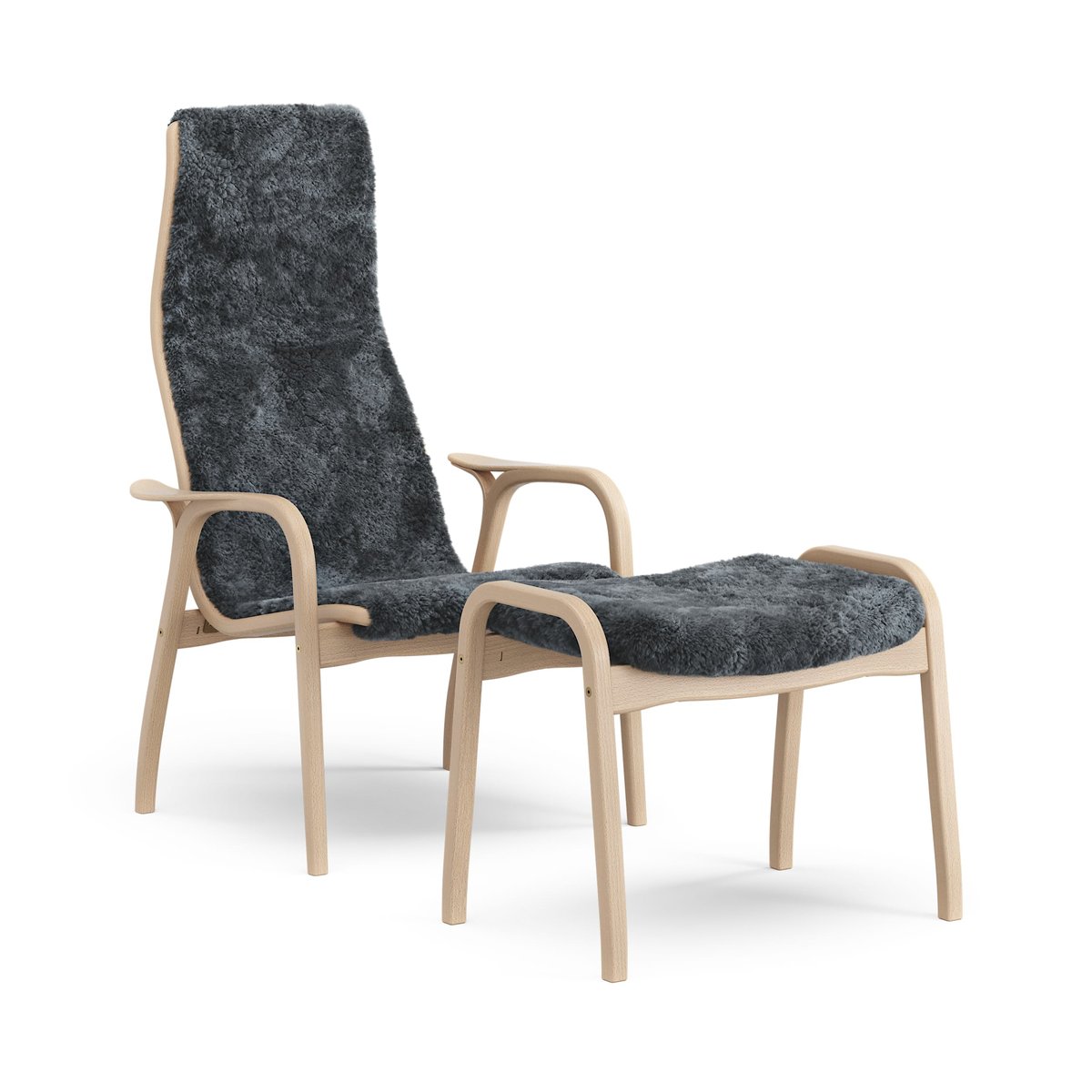 Bilde av Swedese Lamino lenestol og fotskammel lakkert bøk/saueskinn Charcoal (mørk grå)
