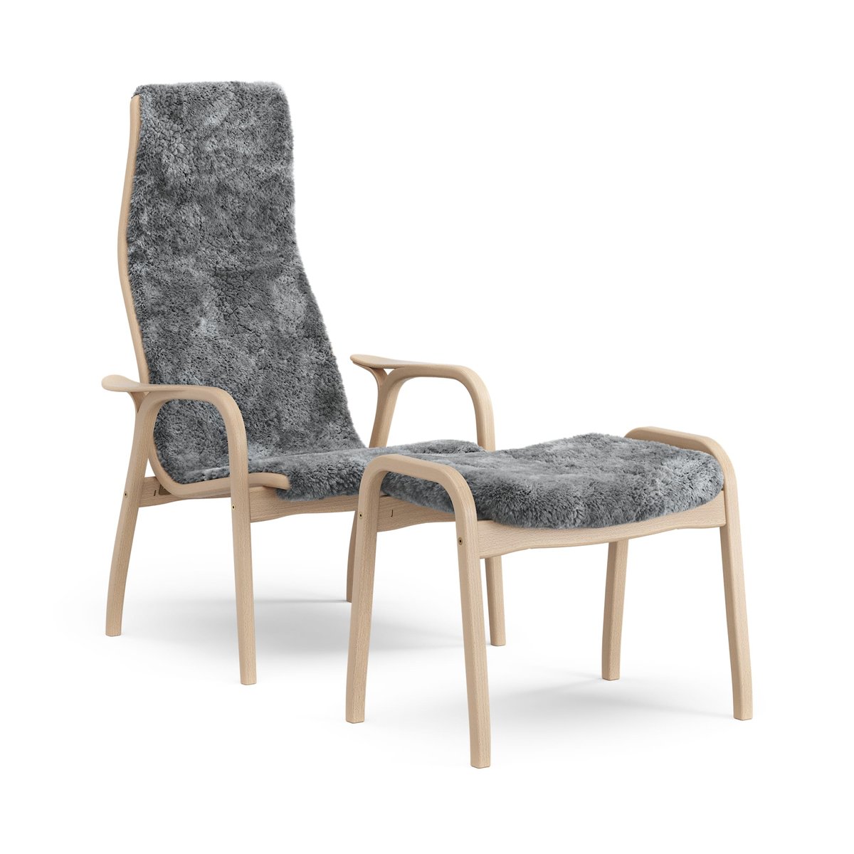 Bilde av Swedese Lamino lenestol og fotskammel lakkert bøk/saueskinn Scandinavian Grey (grå)