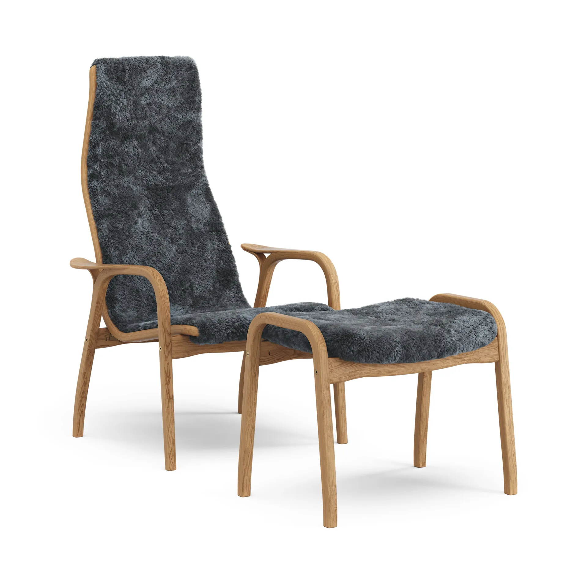 Lamino lenestol og fotskammel oljet eik/saueskinn, Charcoal (mørk grå) Swedese