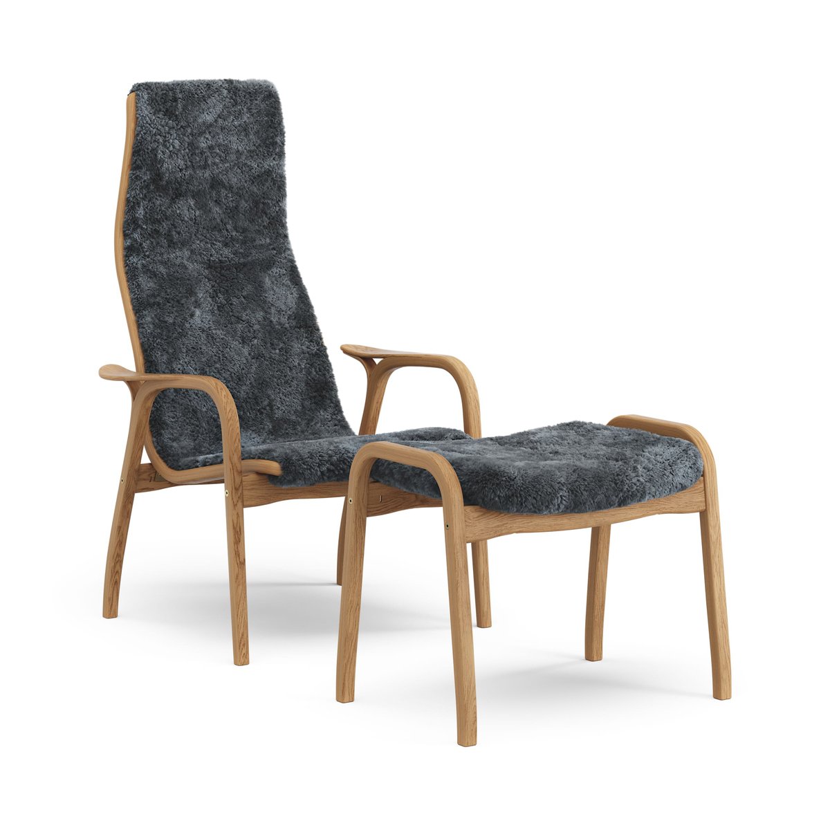 Bilde av Swedese Lamino lenestol og fotskammel oljet eik/saueskinn Charcoal (mørk grå)