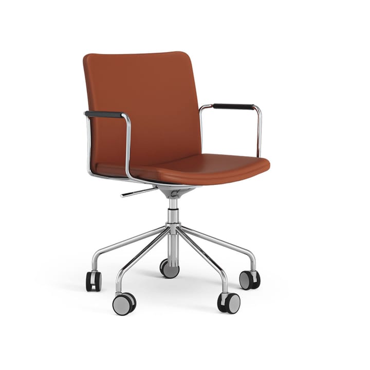 Stella kontorstol, kan heves/senkes ved å vippe den - skinn elmosoft 33004 brun, krom, svikt i ryggen - Swedese