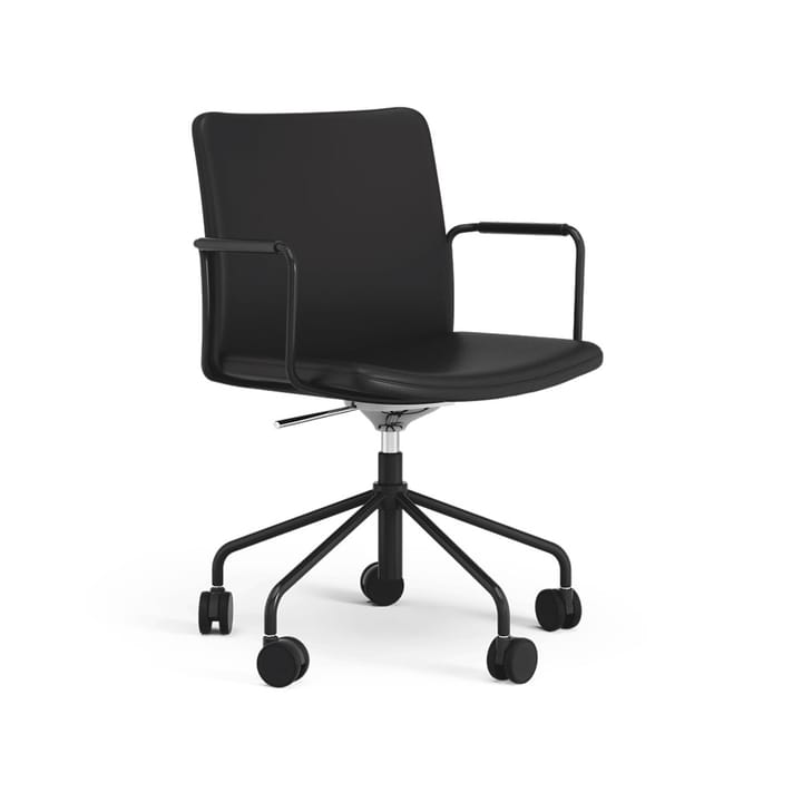 Stella kontorstol, kan heves/senkes ved å vippe den - skinn elmosoft 99999 sort, sort stativ, svikt i ryggen - Swedese