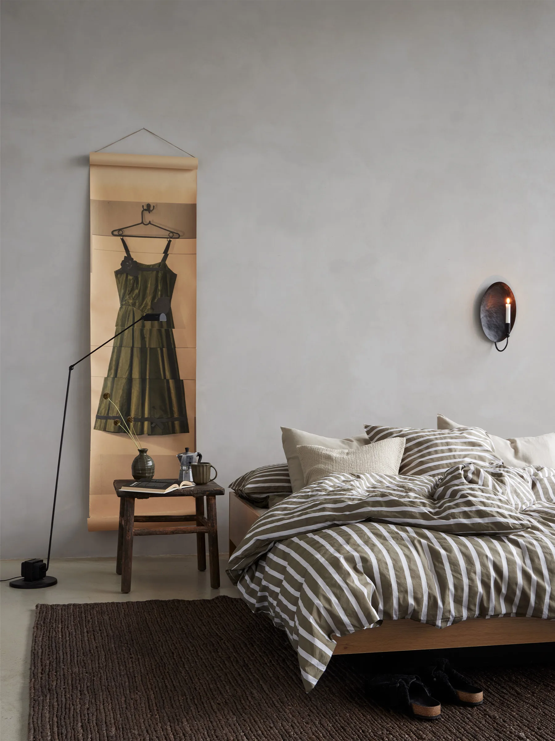 Tell Me More stripet dynetrekk bomull, Olive, 240x220 cm Tell Me More