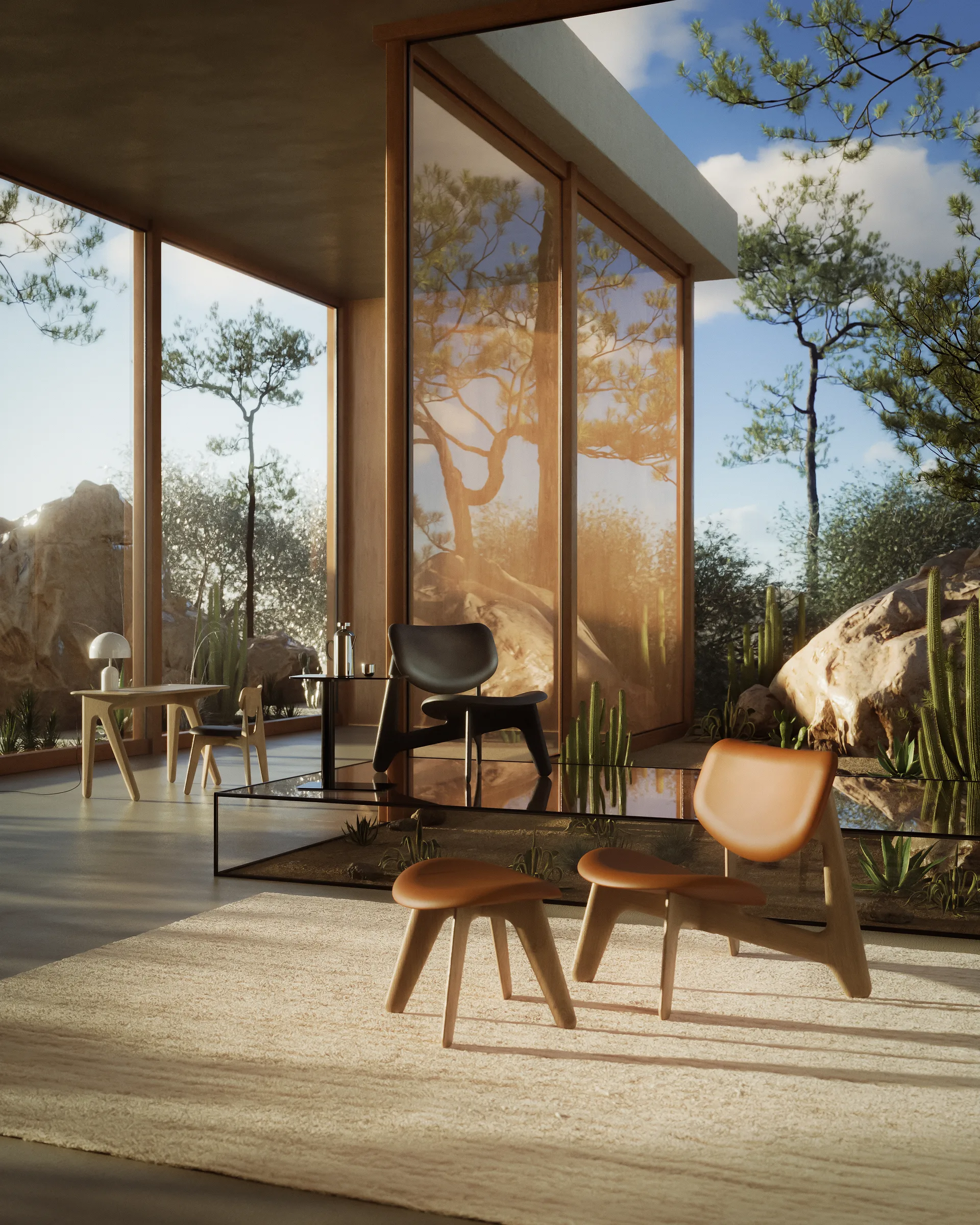 Slab loungestol polstret sete, Natural oak-cognac leather Tom Dixon