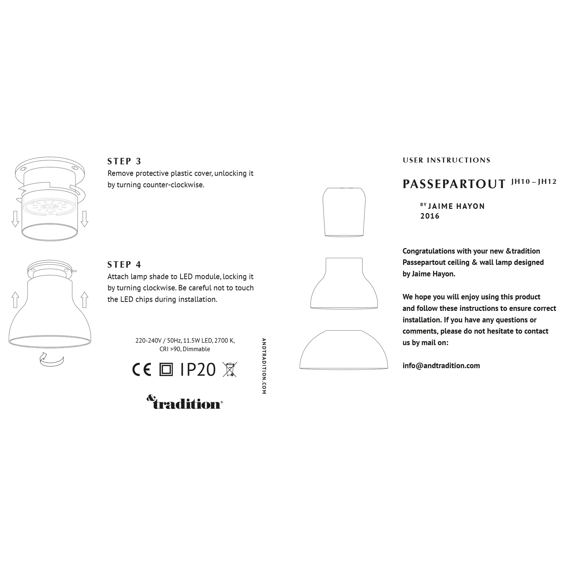Passepartout JH12 lampe fastmontert, Gull &Tradition