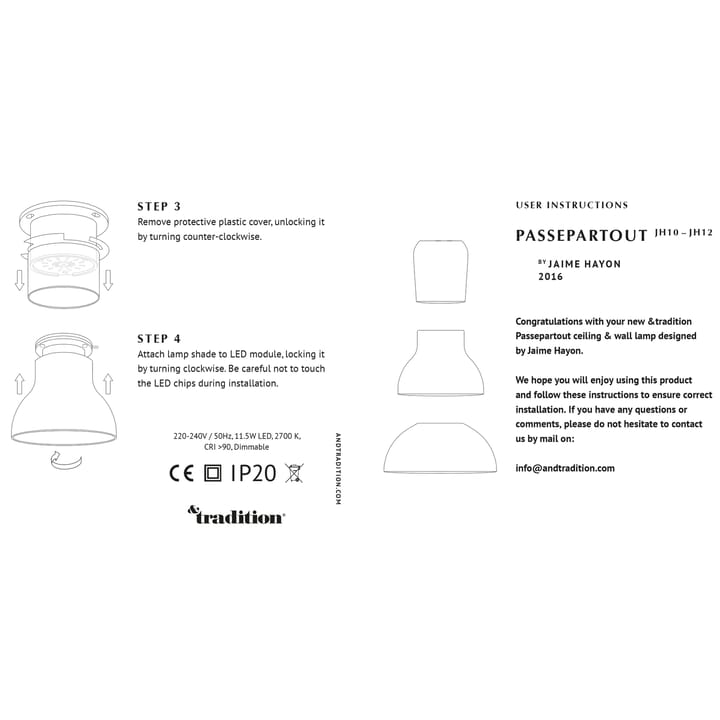 Passepartout JH12 lampe fastmontert, Gull &Tradition
