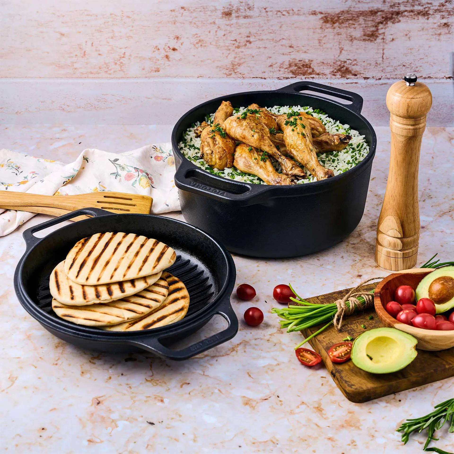 Gryte og grillpanne støpejern pre-seasoned, 2 deler Victoria