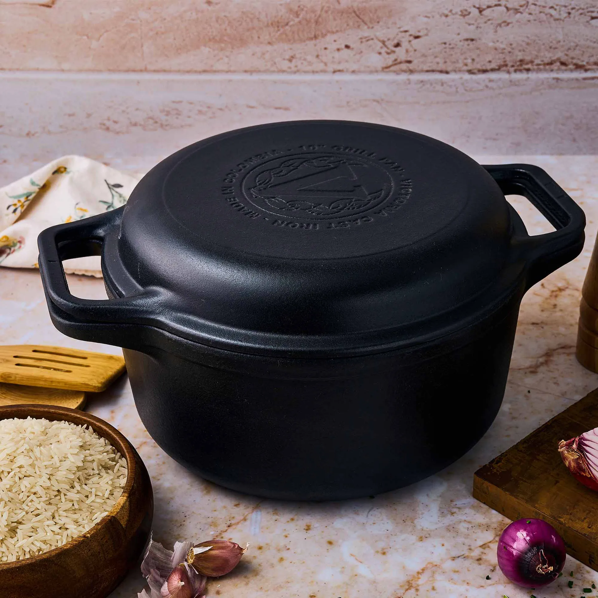 Gryte og grillpanne støpejern pre-seasoned, 2 deler Victoria