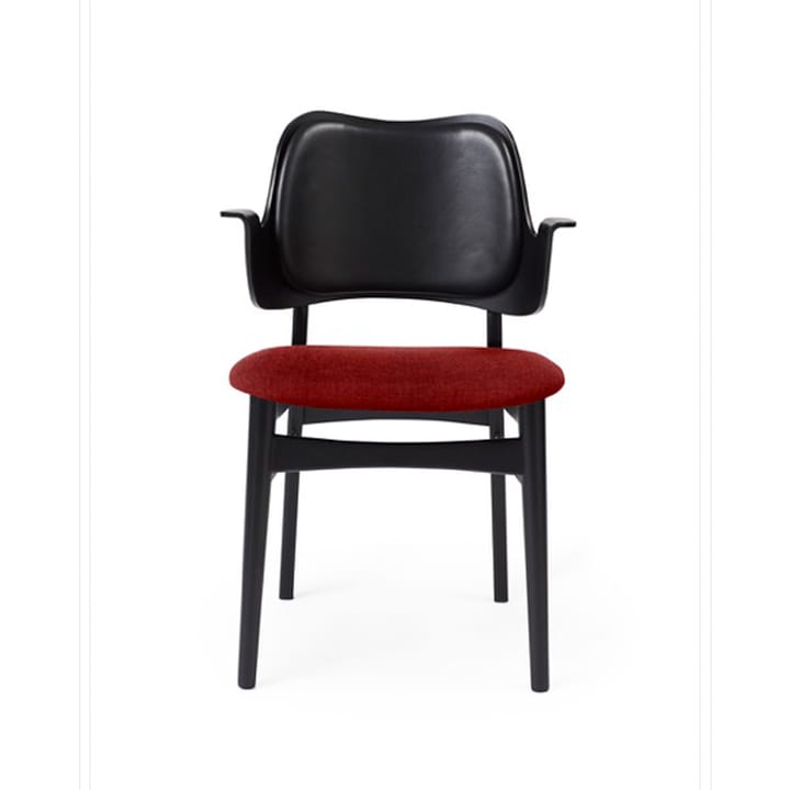 Gesture stol, trukket sete & rygg - tekstil brick red, ryggstøtte i skinn, sortlakkert bøkestativ - Warm Nordic
