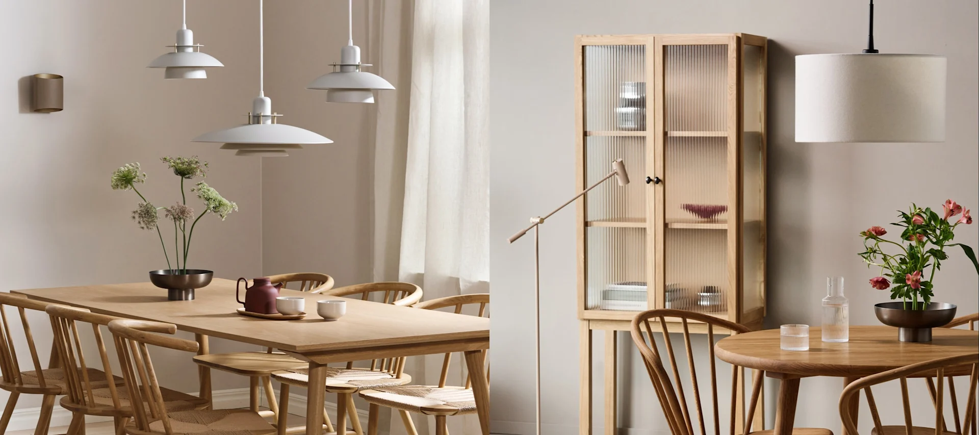 Her ser du to ulike ideer for belysning i spisestuen med japansk inspirasjon. Den ene viser et langt spisebord med en klynge av lamper, mens den andre har et rundt bord med en rund spisebordslampe.