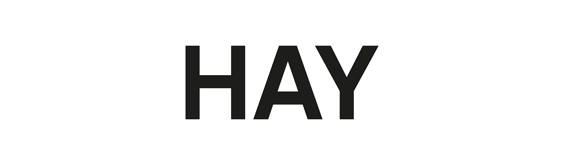 Svart ord "HAY" i fet skrifttype uten seriffer på hvit bakgrunn.