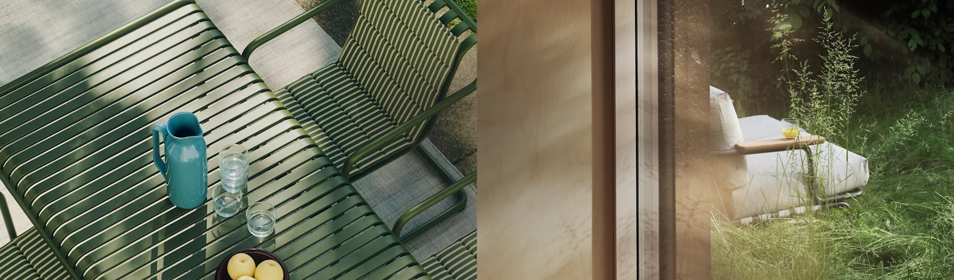 Delt bilde: grønt lamellbord med kanne, glass og frukt. Til høyre: hvit solseng i grønn hage sett gjennom et vindu.