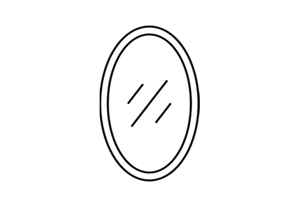 Et ovalt speil med diagonale linjer som indikerer refleksjon.