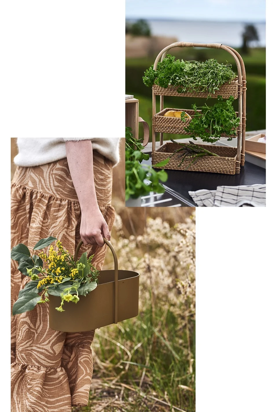 Dekorer utekjøkkenet ditt med ferske krydder i oppbevaringskurven fra Bloomingville og nyplukkede blomster til middagsbordet i Ferm Livings Grip Toolbox.