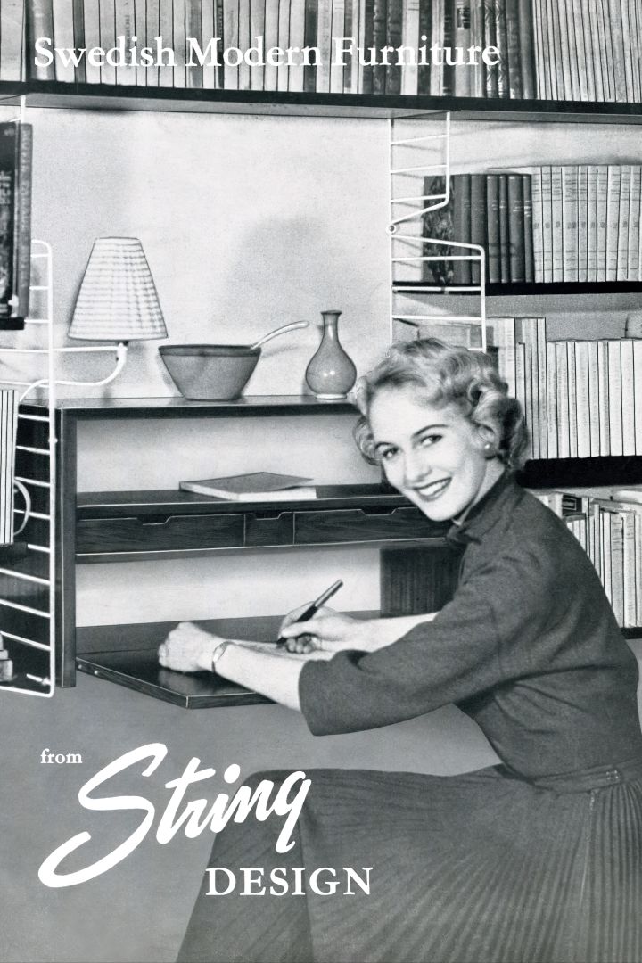 Bilde som viser en svart-hvitt-reklame for String-hylla fra 1950-tallet.
