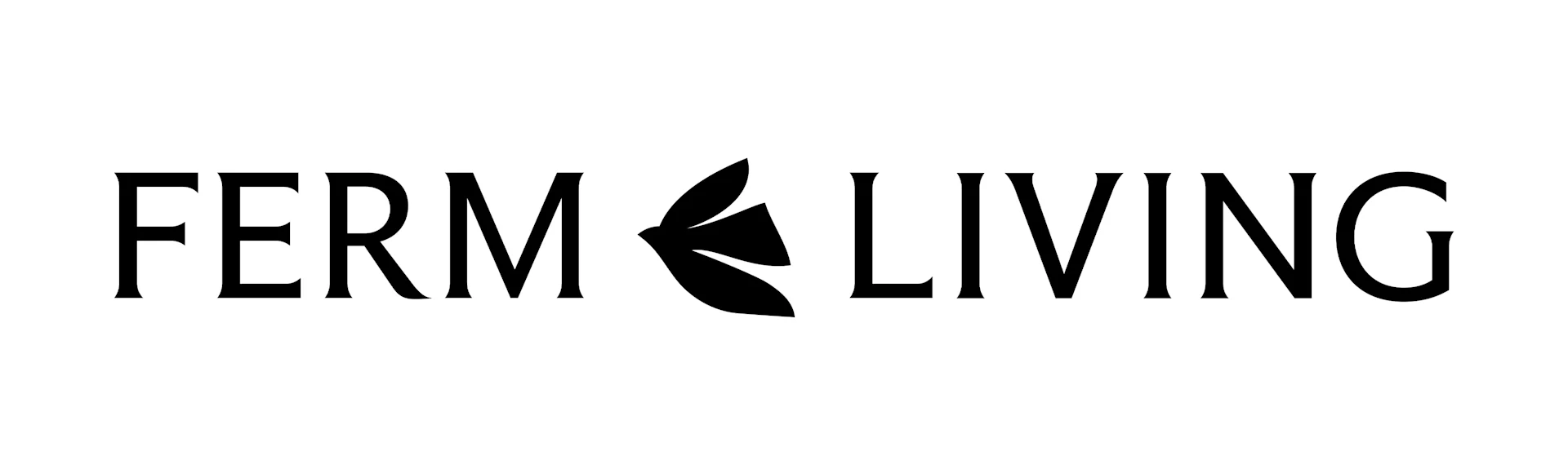 FERM LIVING-logo med et stilisert bladmotiv mellom ordene.
