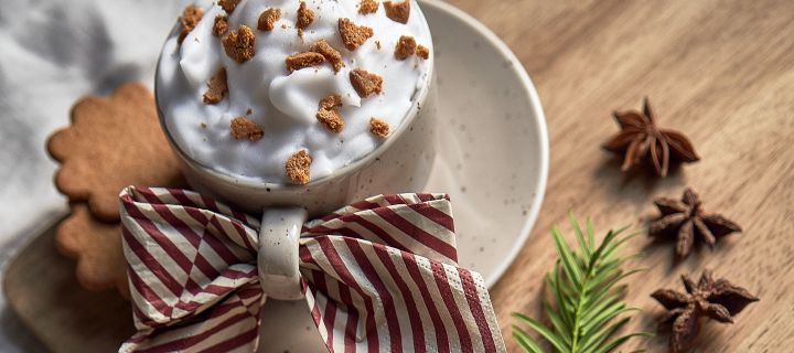 Server en enkel juledrink med kaffe, pepperkaker og kanel i Freckle kopp fra Scandi Living sammen med Lines serviett fra Cooee Design i form av en rosett. 