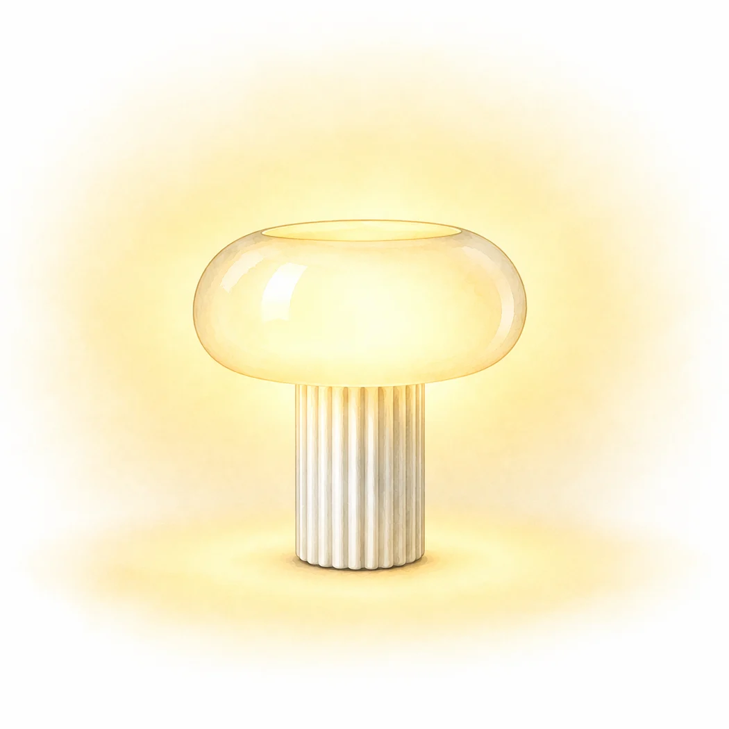 Soppformet bordlampe med en glødende, gjennomsiktig rund topp og en ribbet sylindrisk base.