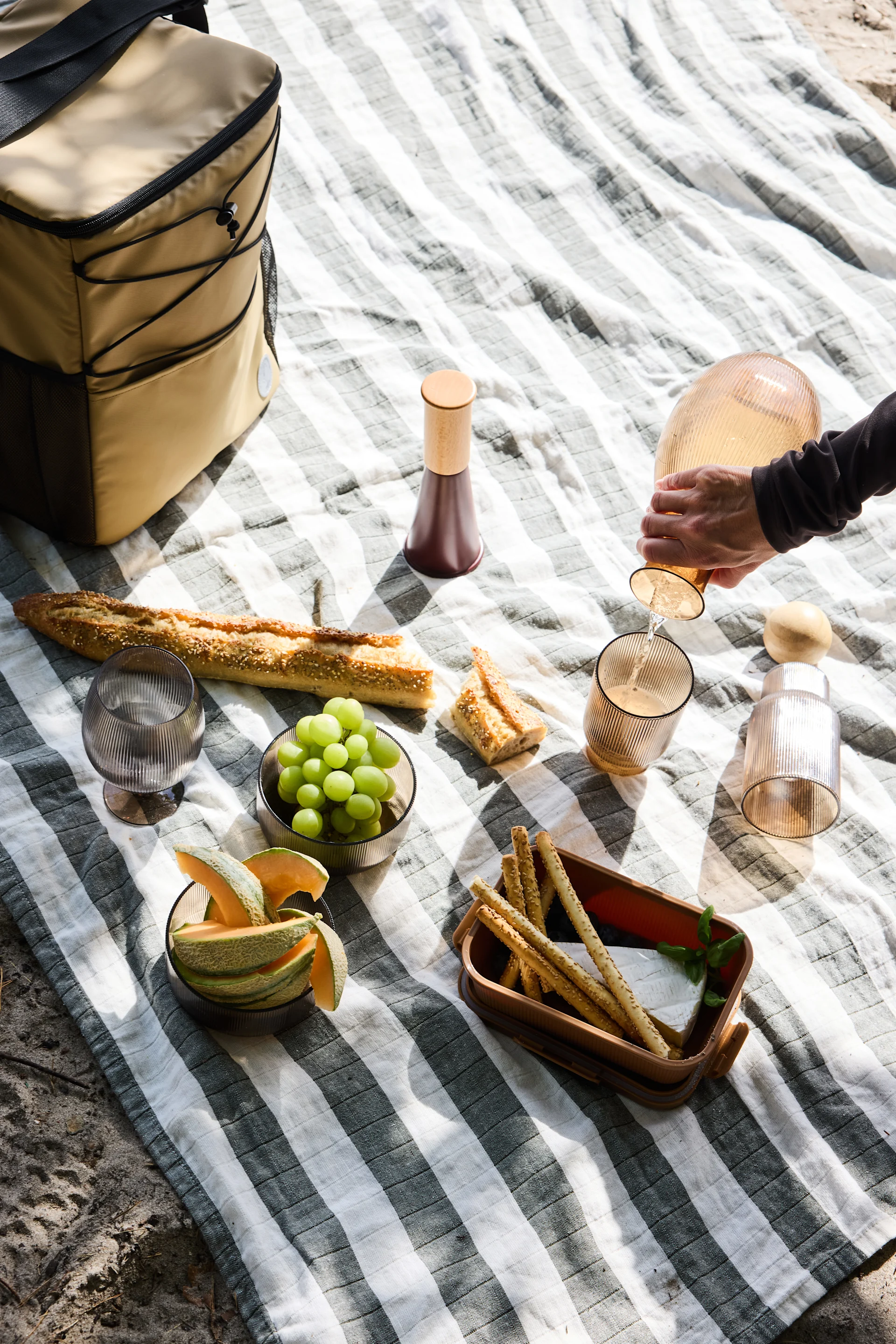 Oversiktsbilde av en piknik på et stripete teppe, med en person som heller fra en riflet karaffel, bagett, frukt, ost og brødpinner.
