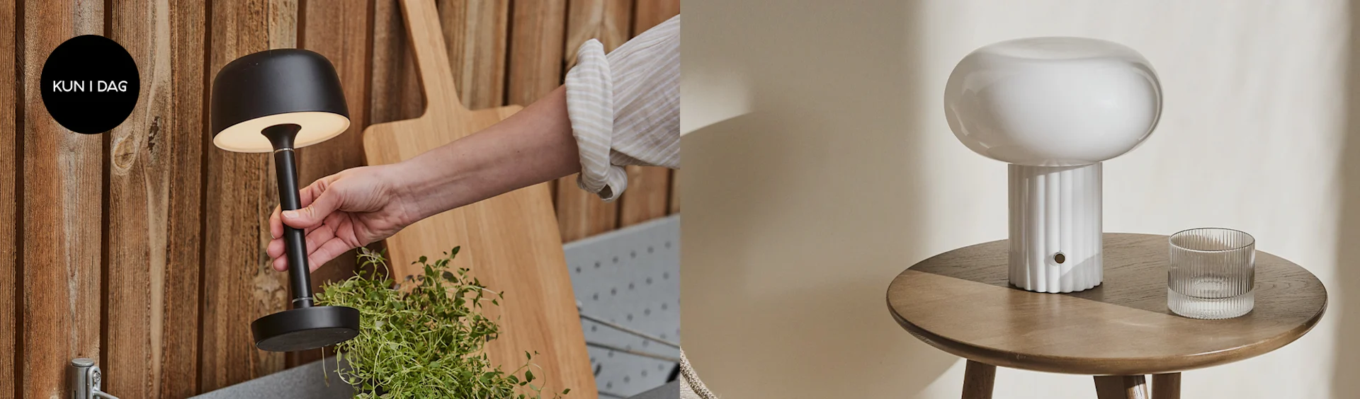En svart bærbar lampe holdes over en urt, ved siden av en hvit soppformet lampe på et bord med et glass. Tekst: KUN I DAG.