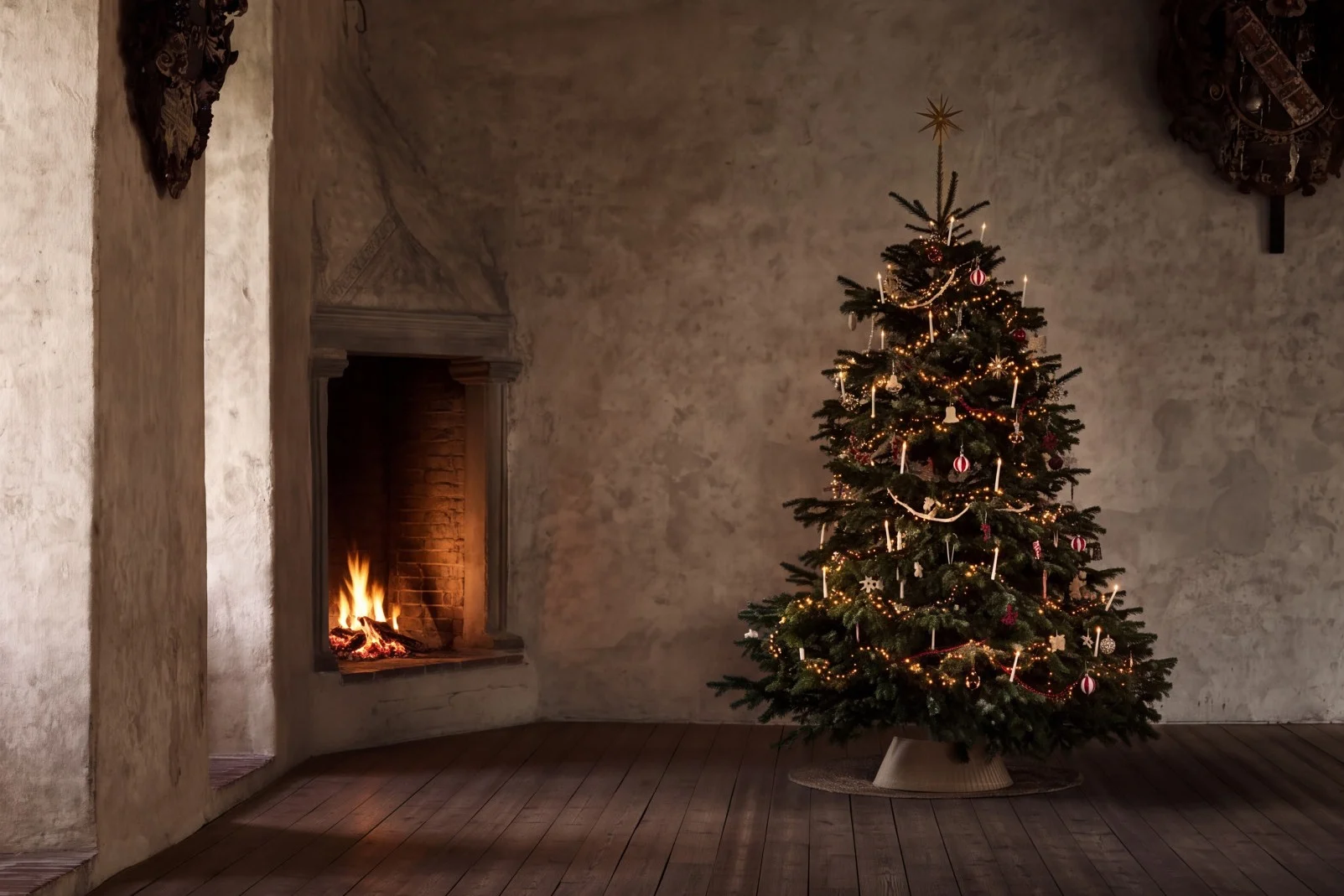 Et pyntet juletre med tente lys og ornamenter i et rustikt rom med peis og tregulv.