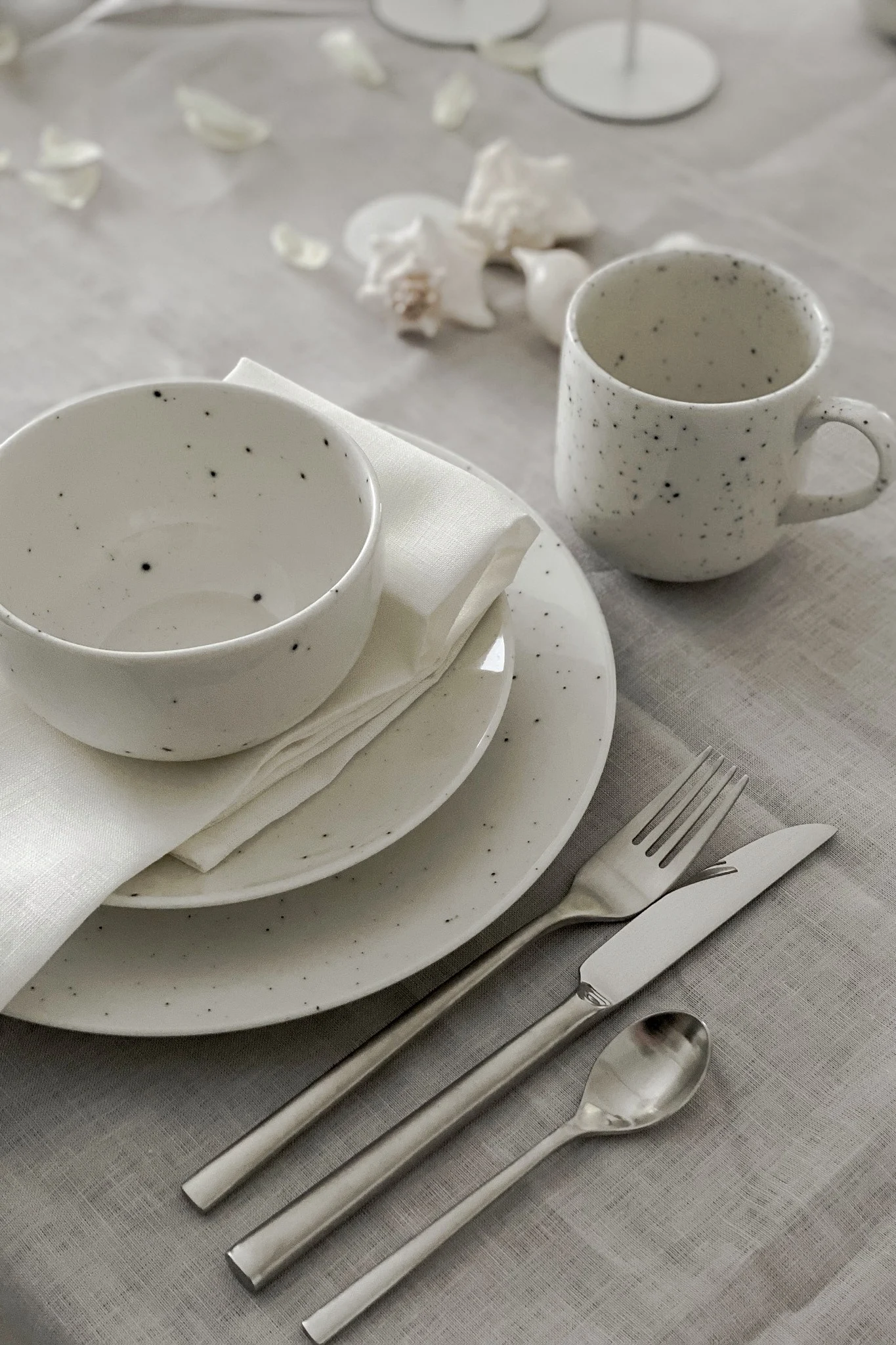 Bestikkguide - vedlikeholdsråd for rengjøring av bestikk. Coast bestikk i rustfritt stål ved siden av kuvert med Freckle porselen fra Scandi Living. Foto: @thekindofliving