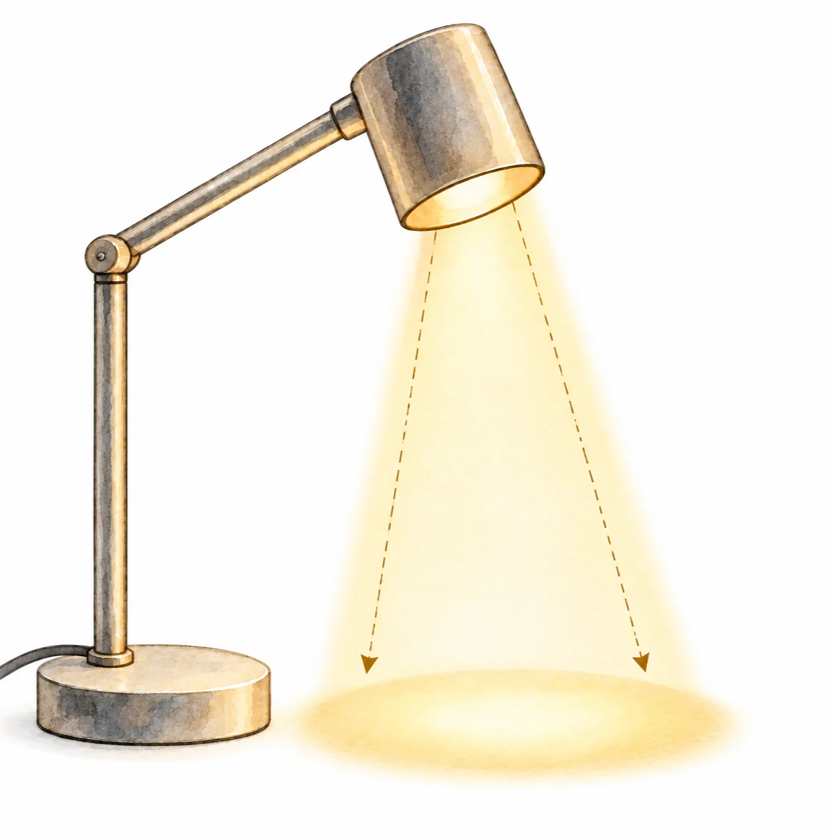 En akvarelltegning av en tent bordlampe som skinner en oval lysstråle på en overflate.