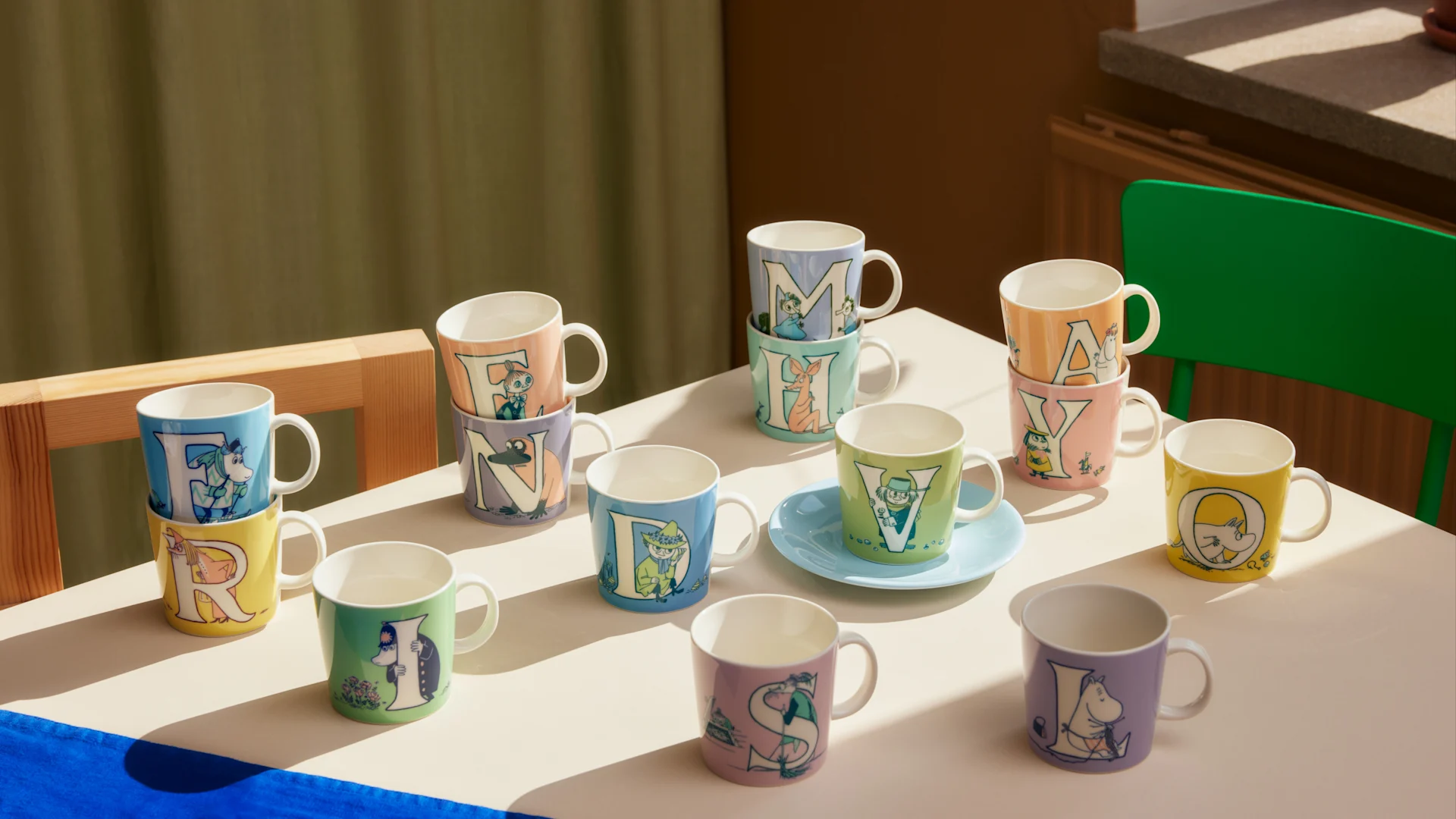 Her kan du se en stor del av Mummi ABC-kolleksjonen på et bord.
