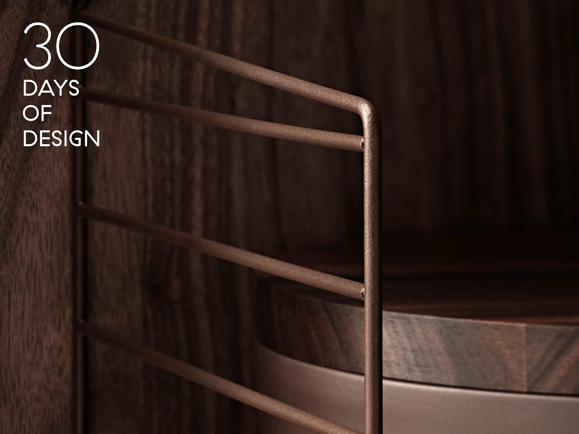 Tekst '30 DAYS OF DESIGN' over mørkt treskap med teksturert brun metalltrådramme og sirkulær trehylle.