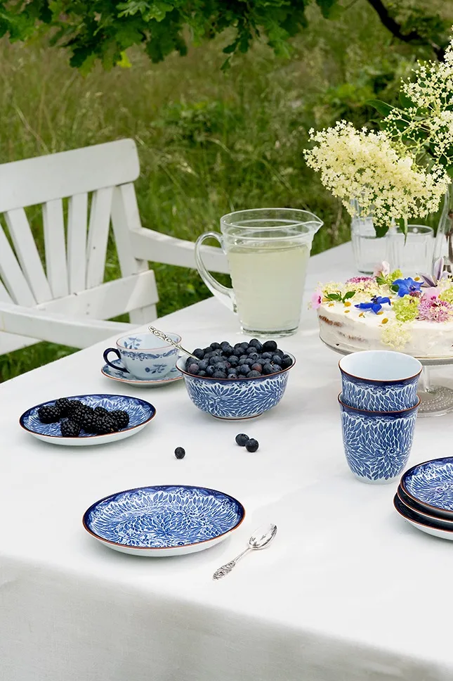Utendørs borddekking med blå og hvite mønstrede servise, friske blåbær og bjørnebær, en limonadekanne og en blomsterpyntet kake.