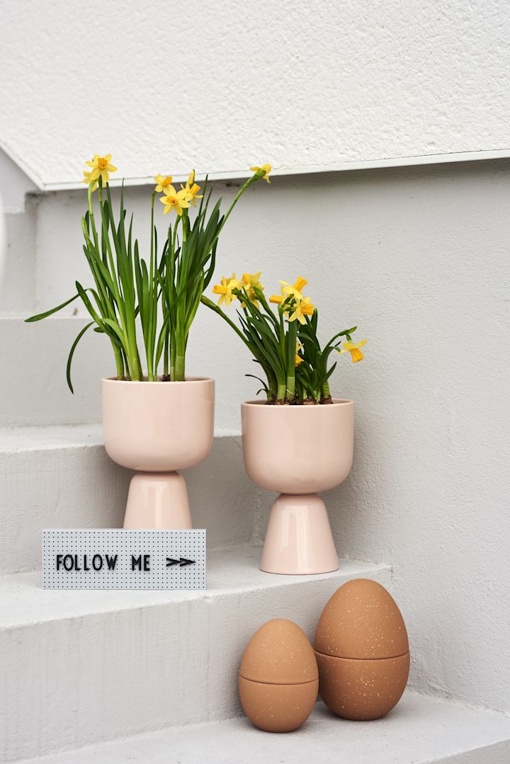 Påskepynt: Her ser du vårblomster i en Nappula blomsterpotte fra Iittala, ved siden av Bonbonniere-skålen fra Cooee Design og bokstavtavlen fra Design Letters – en stilfull kombinasjon for en frisk og moderne påskepynt!