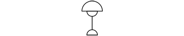 En enkel strektegning av en bordlampe med en kuppelformet skjerm og en halvsirkelformet base.