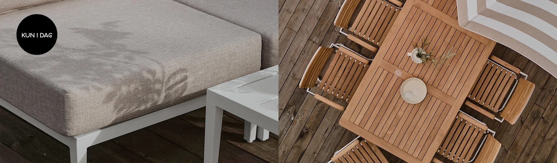 Utesofa i lys beige med hvitt bord og utemøbler i tre med stripete parasoll på terrassen.