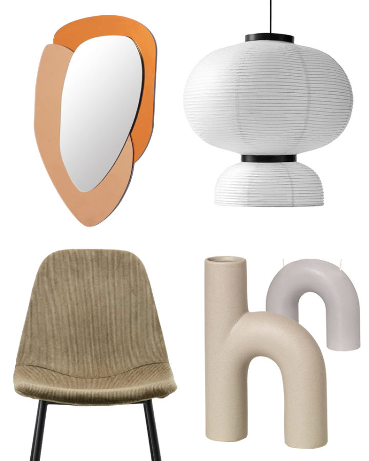 Interiørtrender høsten 2020 - collage med rundt speil, stol i kordfløyel og japansk-inspirert lampe.