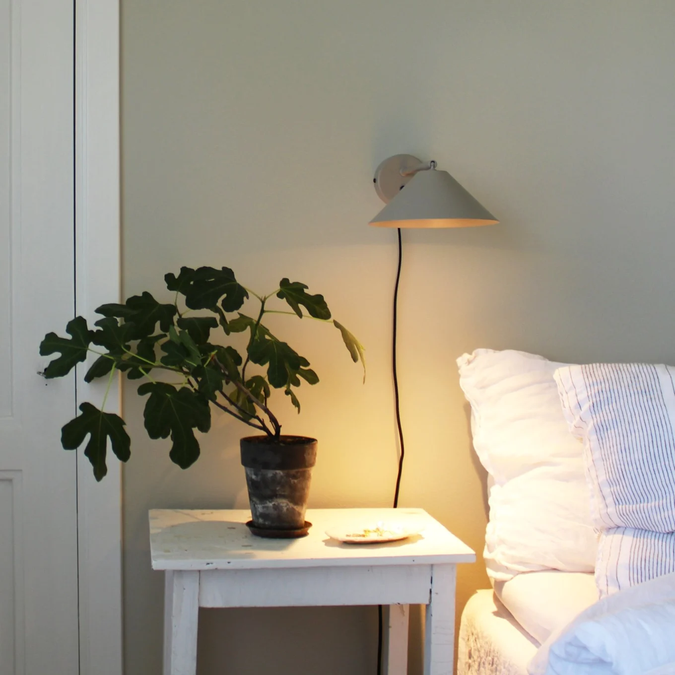En pottefikenplante på et hvitt nattbord ved siden av en seng med hvitt sengetøy, opplyst av en varm vegglampe.