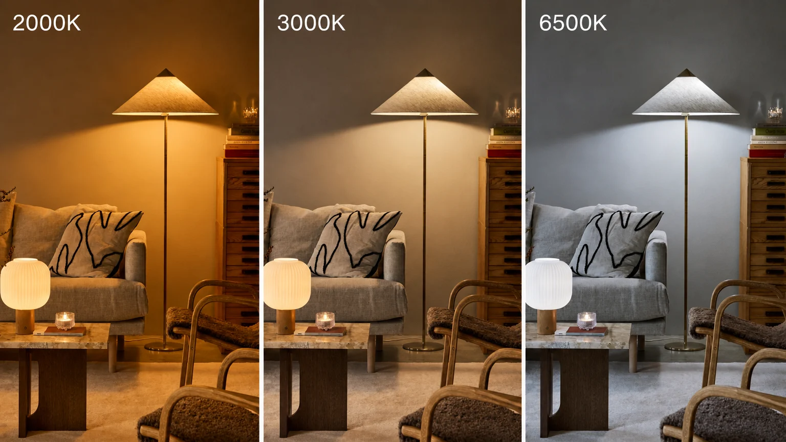 Illustrasjon av Kelvin-skalaen med temperatur fra 2200K – 5000K, laget av Nordic Nest.