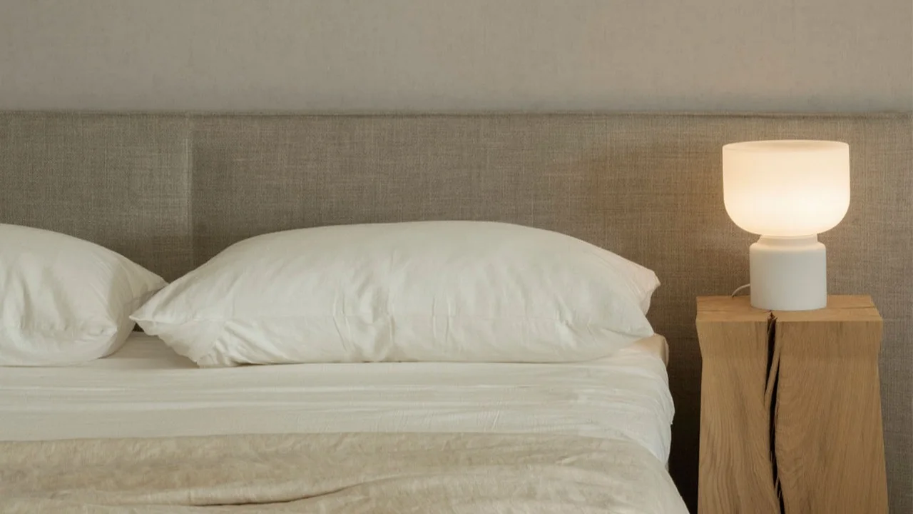 Grace er en stilig bordlampe i stilig design fra Watt & Veke, her plassert på et nattbord i tre ved siden av en seng laget med lyse laken. Grace er en trivelig soveromslampe som passer like godt i vinduet som den gjør ved siden av sengen.