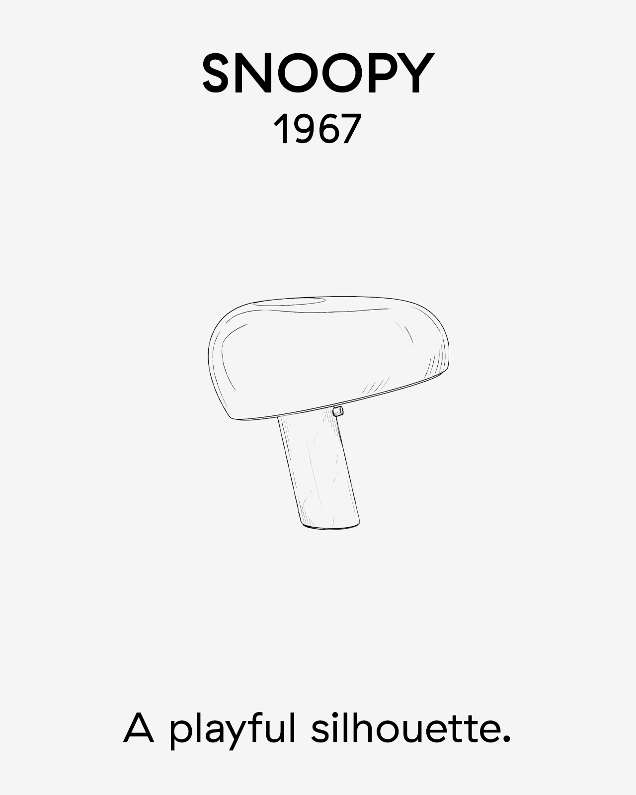 Strektegning av en Snoopy-lampe fra 1967, med en leken, soppformet silhuett.