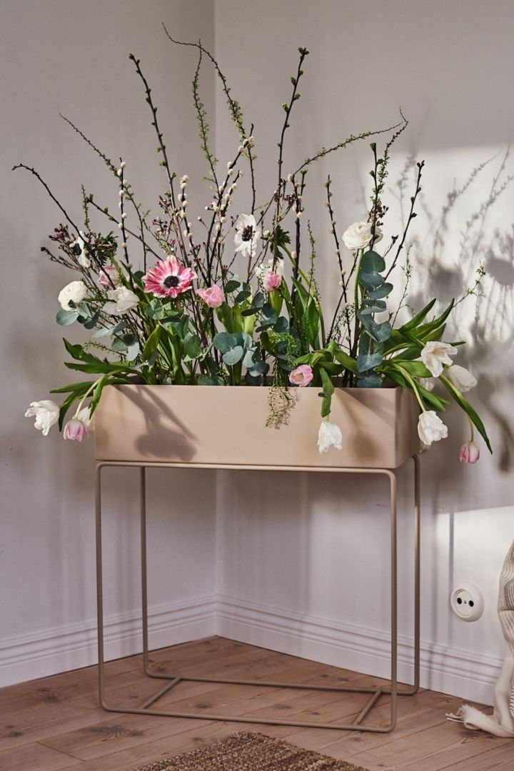 Et vakkert arrangement av blomster som ser ut som et innendørs blomsterbed i ferm LIVINGs ikoniske Plant Box.
