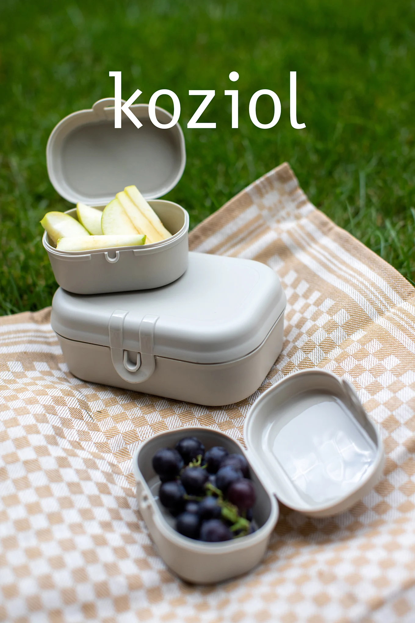 Tre lyse beige matbokser på et rutete teppe med epler og druer, på gress. Tekst: koziol.