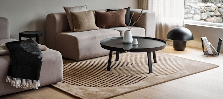 Teppeguide - gulvteppe stue – her ser du NJRD Levels ullteppe Circles beige. 